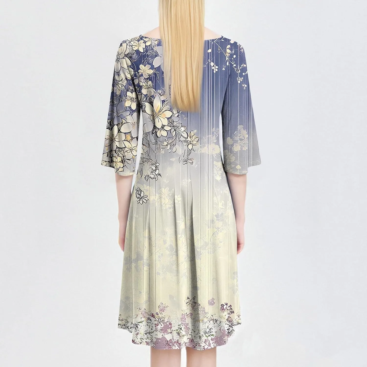 Modest Dresses for Women Floral Dress 3/4 Sleeve Round Neck Graphic Pleated Elegant A Line Midi Sundress, S-3Xl