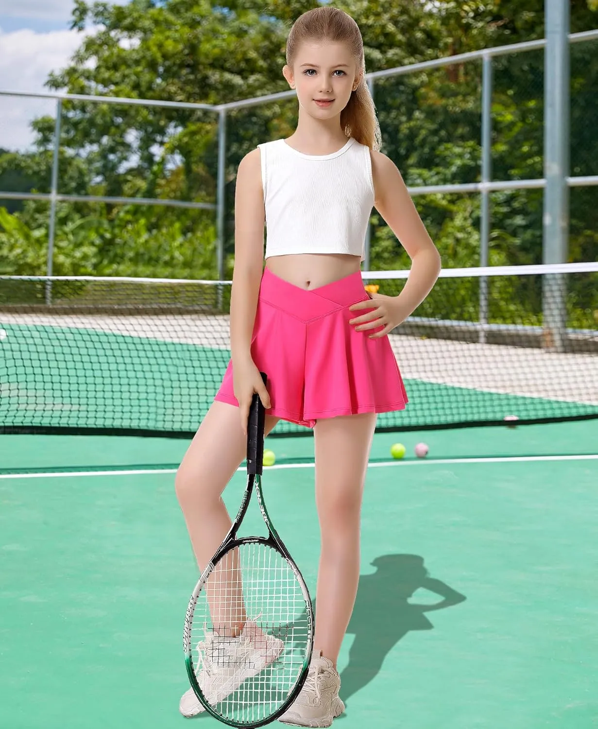 QooNoo Girls Athletic Shorts Flowy Running Shorts with Pockets V Crossover 2 in 1 Girls Tennis Shorts Butterfly Skorts