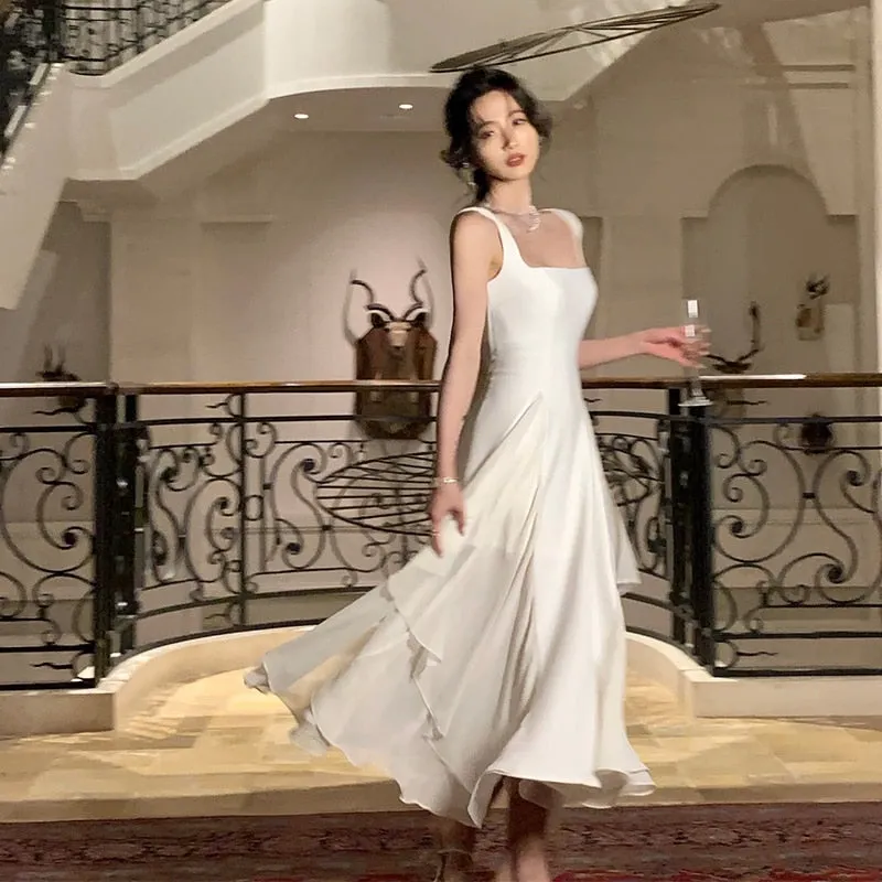 sealbeer French Elegant Ruffles White Midi Dresses  Summer New Evening Party Women Clothes Fashion Sundress Birthday Ladies Dresses