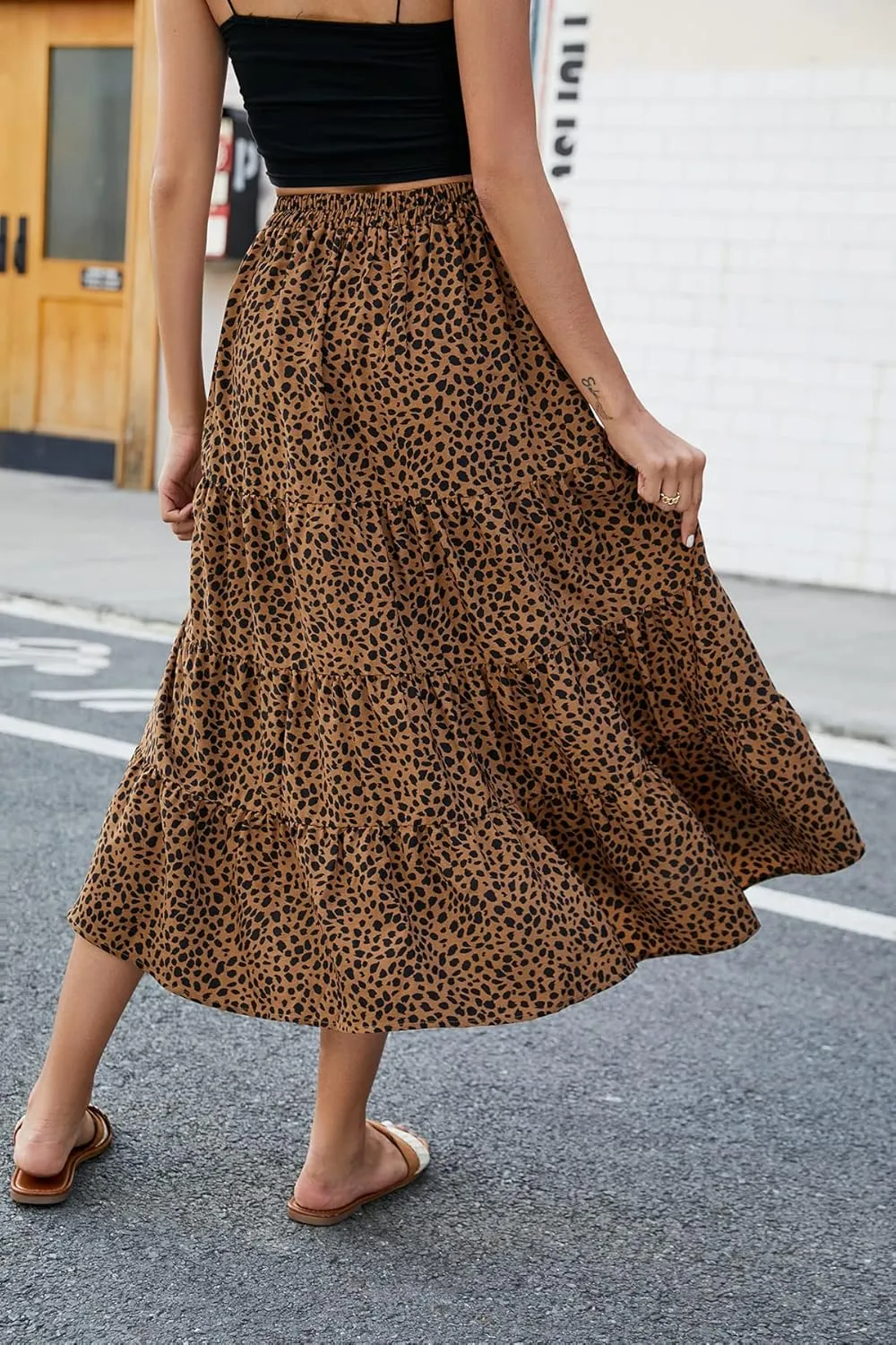 SimpleFun Women's Long Skirts Boho Floral Elastic High Waist Asymmetrical Hem Midi Skirt