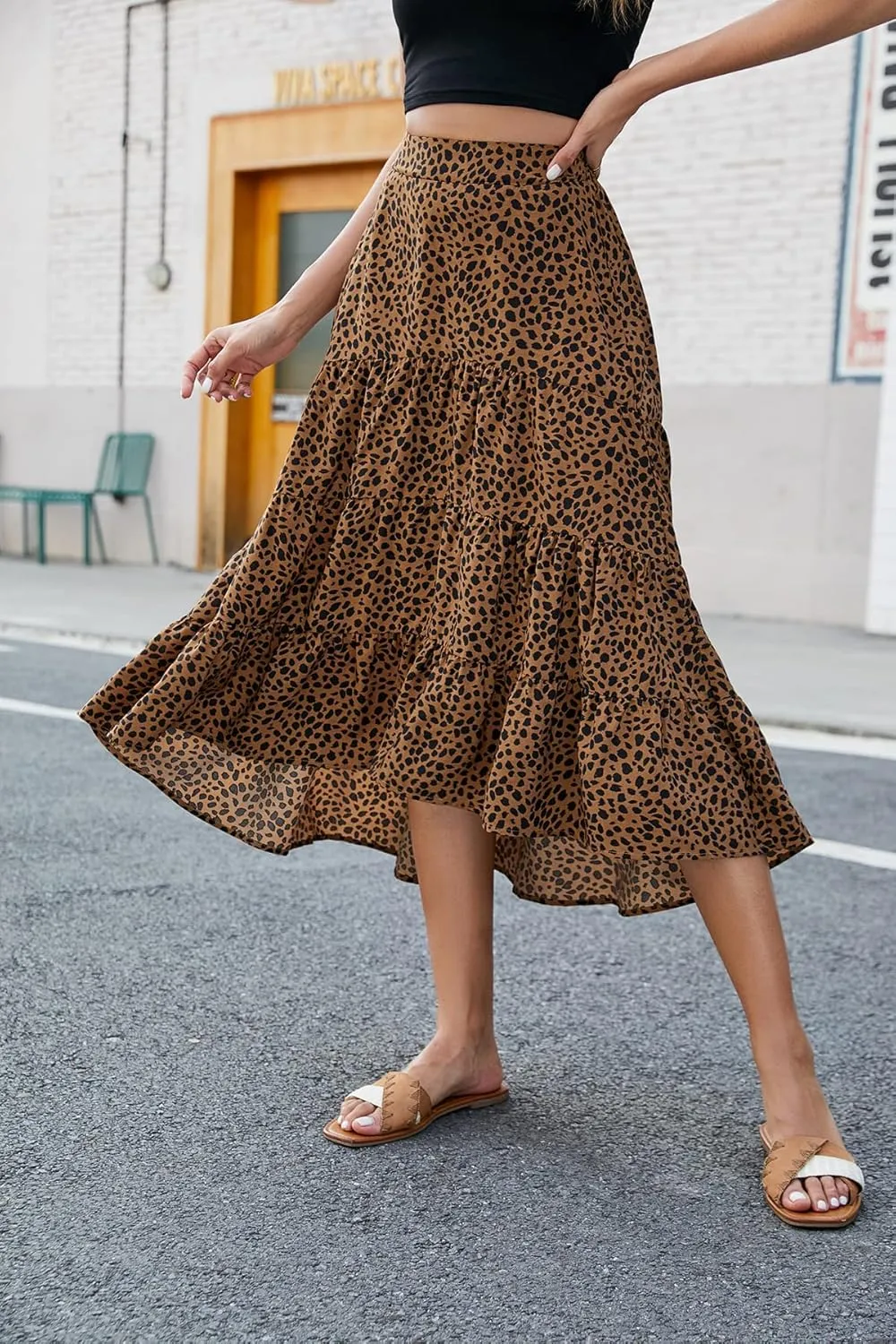 SimpleFun Women's Long Skirts Boho Floral Elastic High Waist Asymmetrical Hem Midi Skirt