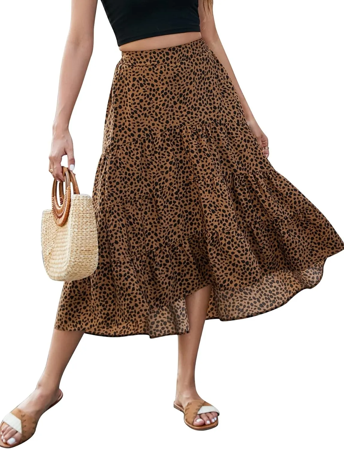 SimpleFun Women's Long Skirts Boho Floral Elastic High Waist Asymmetrical Hem Midi Skirt