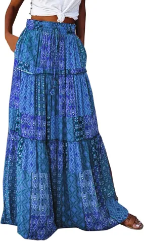 Skirts for Women Summer Boho Floral Print Elastic Waist A Line Maxi Skirt Tiered Flowy Beach Vacation Long Skirts
