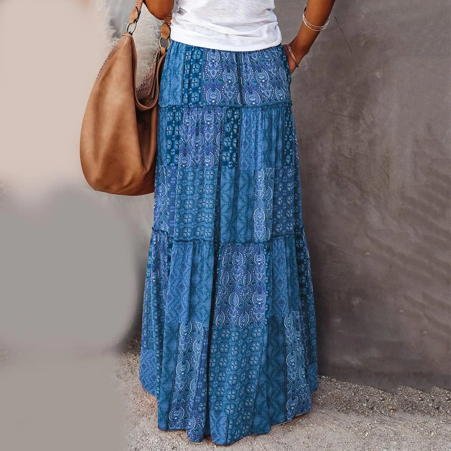 Skirts for Women Summer Boho Floral Print Elastic Waist A Line Maxi Skirt Tiered Flowy Beach Vacation Long Skirts