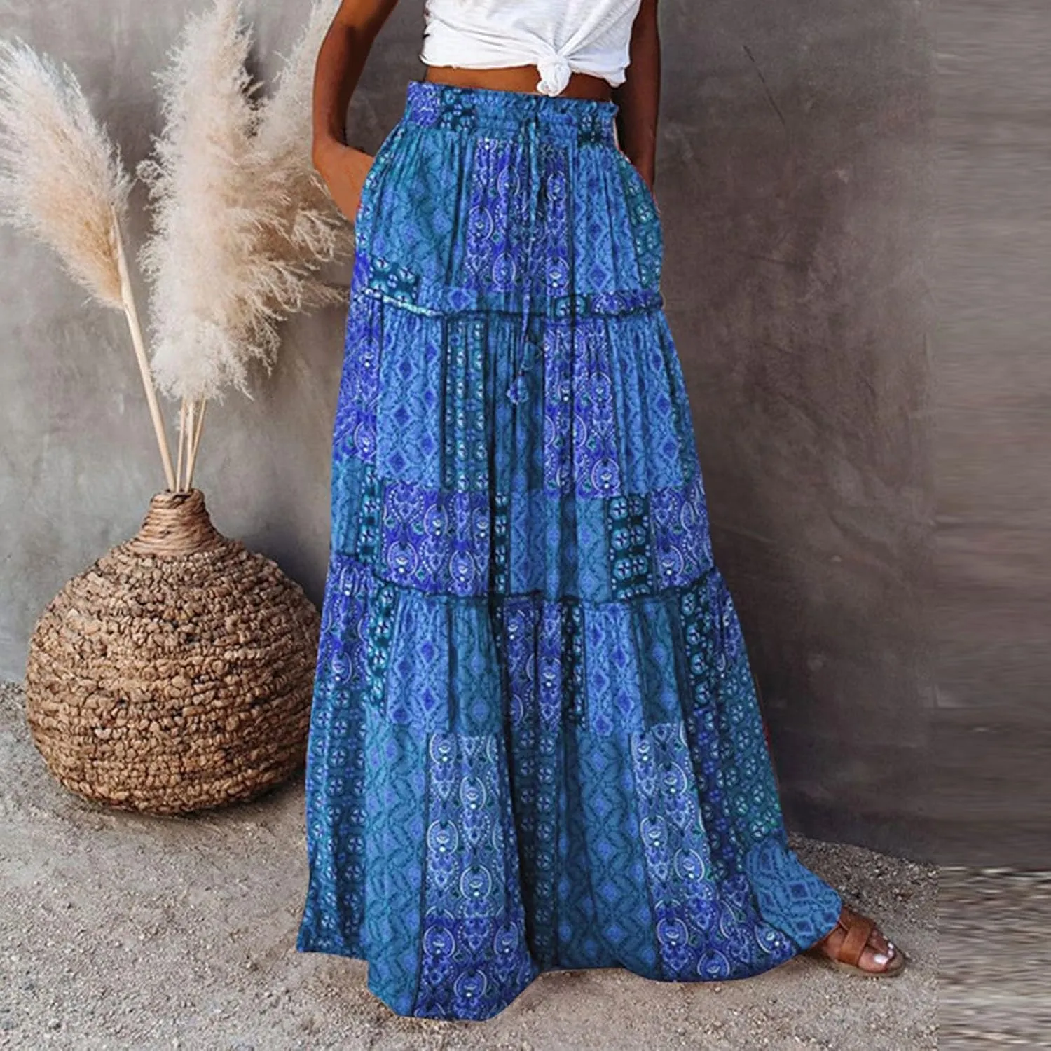 Skirts for Women Summer Boho Floral Print Elastic Waist A Line Maxi Skirt Tiered Flowy Beach Vacation Long Skirts