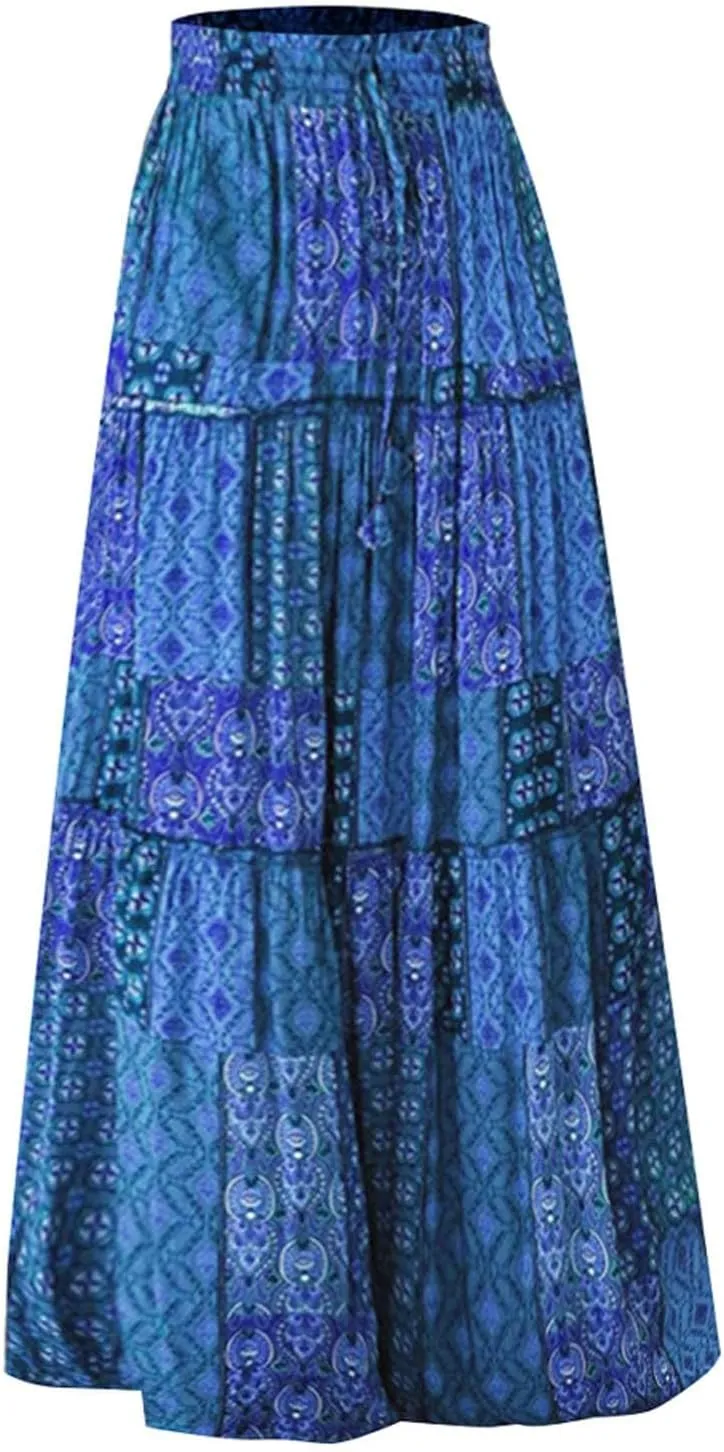 Skirts for Women Summer Boho Floral Print Elastic Waist A Line Maxi Skirt Tiered Flowy Beach Vacation Long Skirts