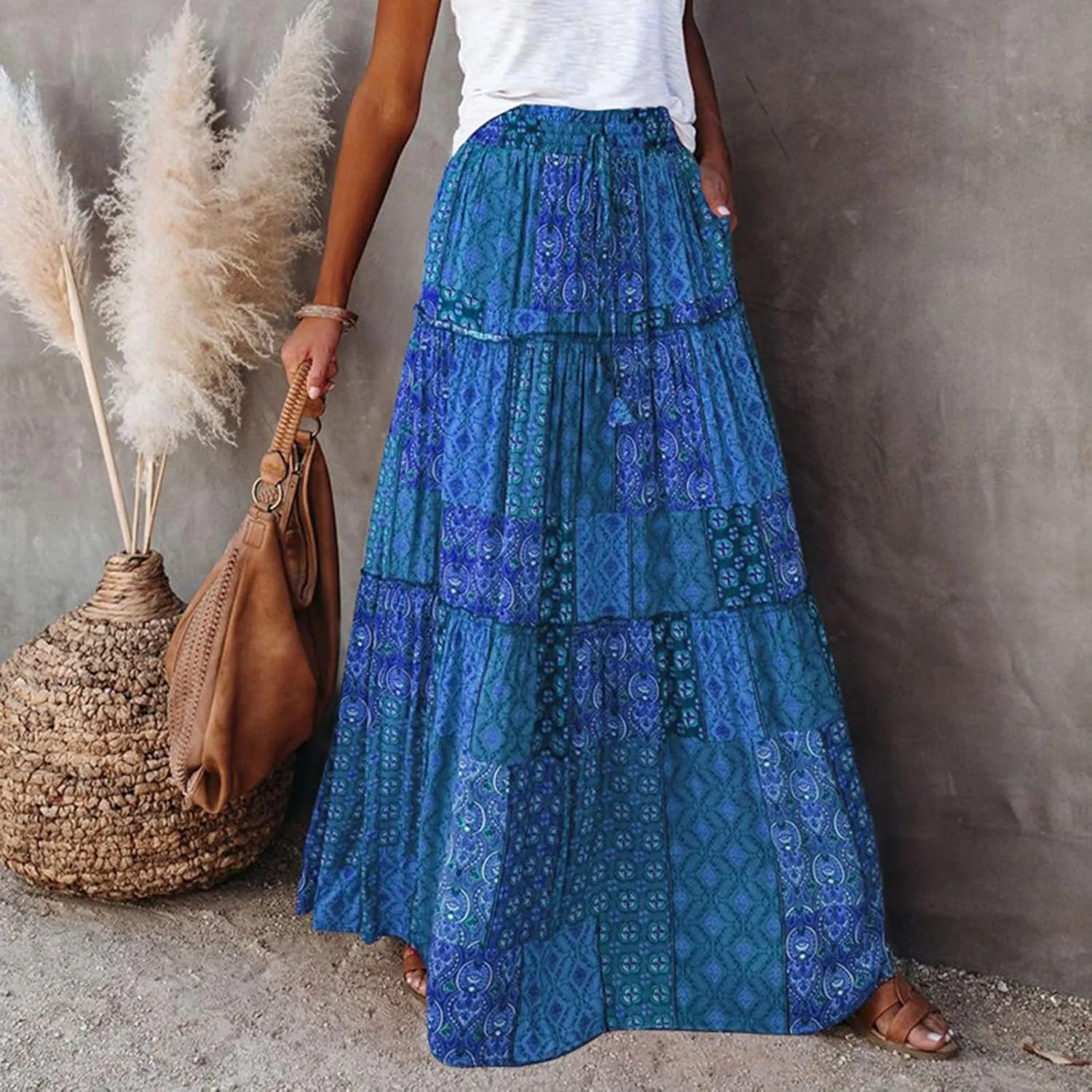 Skirts for Women Summer Boho Floral Print Elastic Waist A Line Maxi Skirt Tiered Flowy Beach Vacation Long Skirts