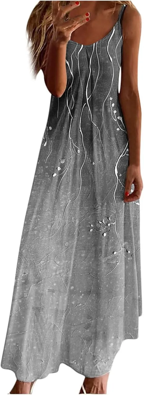 Spaghetti Strap Maxi Dress for Womens Summer Trendy Elegant V Neck Boho Hawaiian Long Dress Beach Casual Sundresses