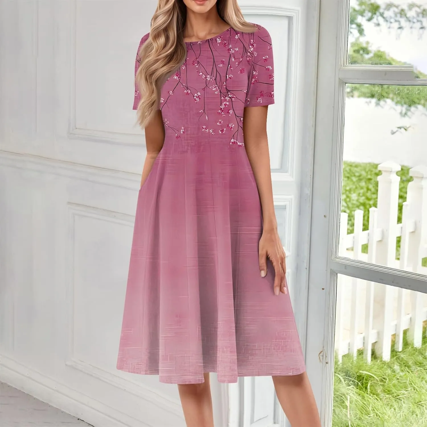 Summer Dresses Elegant Vintage Floral Short Sleeve Round Neck Pleated A-Line Beach Midi Sundress with Side Pockets