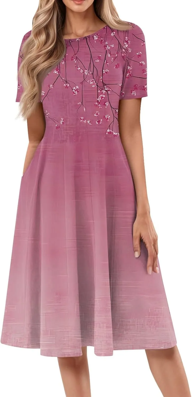 Summer Dresses Elegant Vintage Floral Short Sleeve Round Neck Pleated A-Line Beach Midi Sundress with Side Pockets