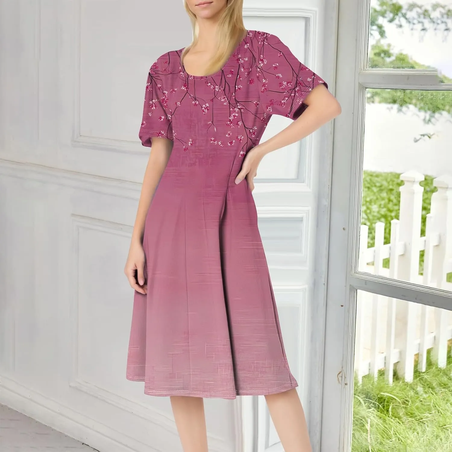 Summer Dresses Elegant Vintage Floral Short Sleeve Round Neck Pleated A-Line Beach Midi Sundress with Side Pockets