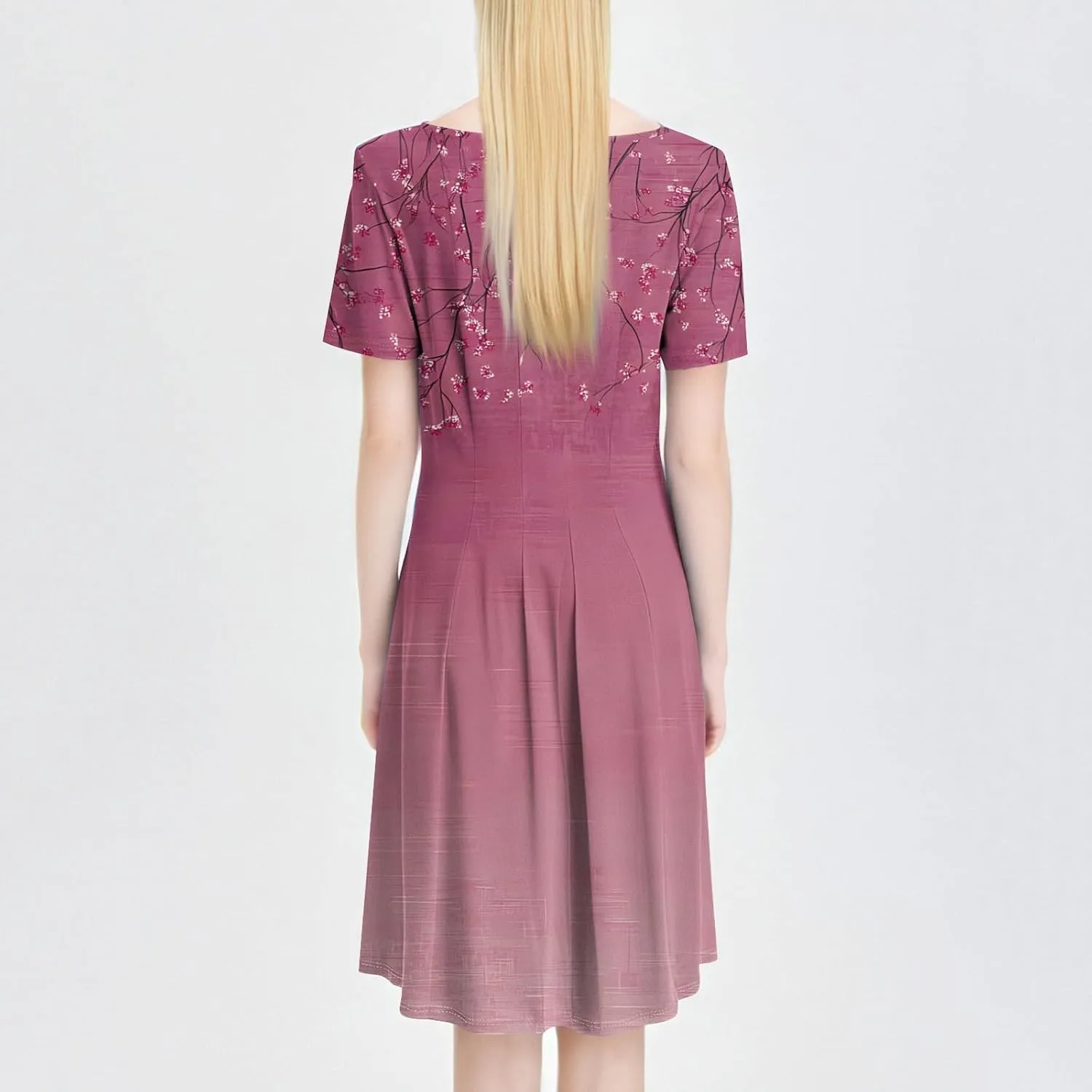 Summer Dresses Elegant Vintage Floral Short Sleeve Round Neck Pleated A-Line Beach Midi Sundress with Side Pockets