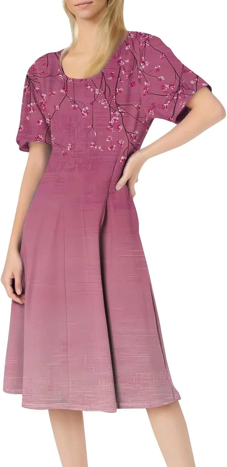 Summer Dresses Elegant Vintage Floral Short Sleeve Round Neck Pleated A-Line Beach Midi Sundress with Side Pockets