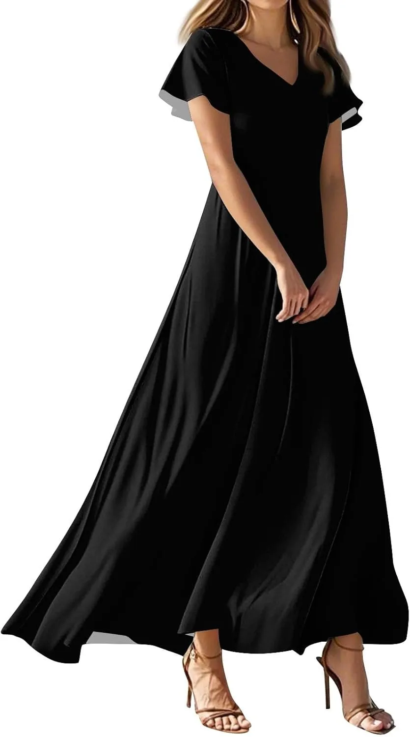 Summer Dresses for Women 2025 Elegant Classy Flowy Ruffle Swing V Neck Church Dress Casual Vacation Long Sundresses