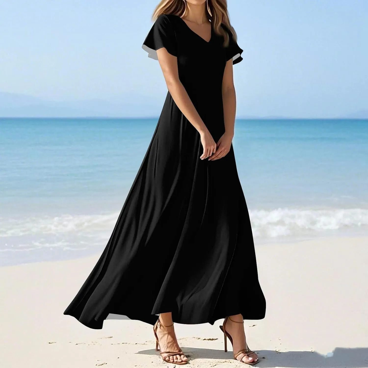 Summer Dresses for Women 2025 Elegant Classy Flowy Ruffle Swing V Neck Church Dress Casual Vacation Long Sundresses