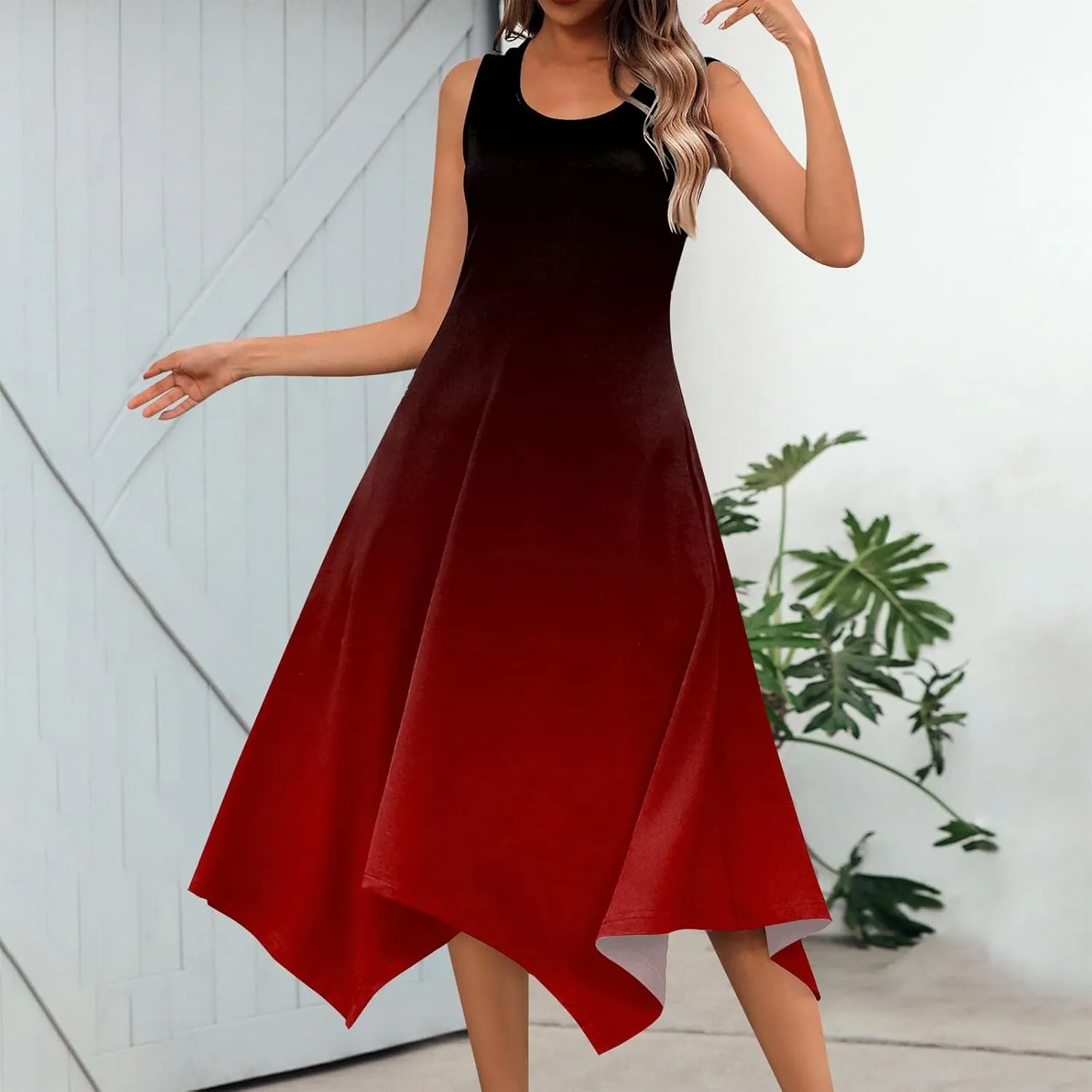 Summer Dresses for Women 2025 Elegant Print Swing Hem Tank Midi Dress Casual Plus Size Sleeveless Crewneck Sundress