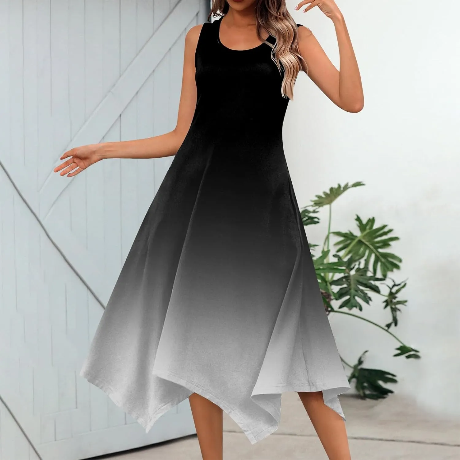 Summer Dresses for Women 2025 Elegant Print Swing Hem Tank Midi Dress Casual Plus Size Sleeveless Crewneck Sundress