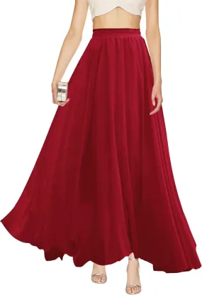 v28 Women Full/Ankle Length Elastic Pleated Retro Maxi Chiffon Long Skirt