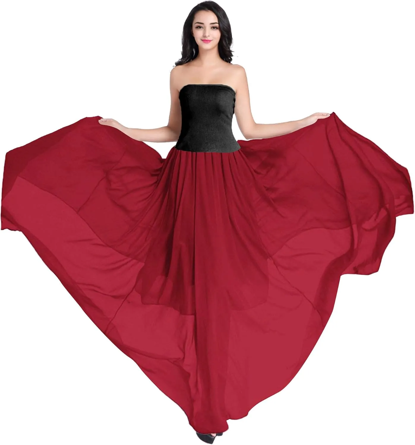 v28 Women Full/Ankle Length Elastic Pleated Retro Maxi Chiffon Long Skirt