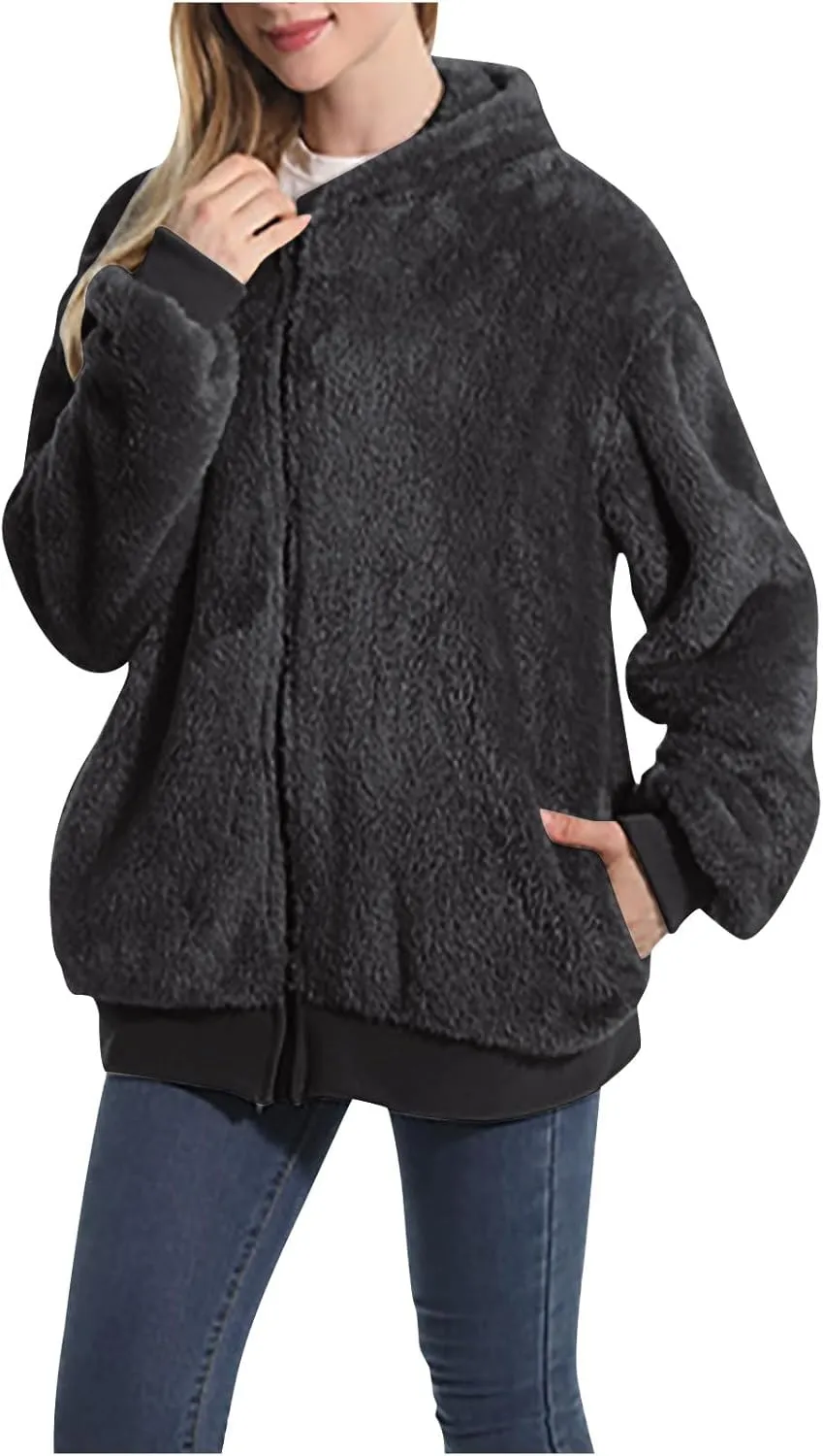 Winter Coats for Women 2023 Lightweight Fleece Fur Jacket Full Zip Solid Coats with Hood Winter Warm Faux Fur Coat