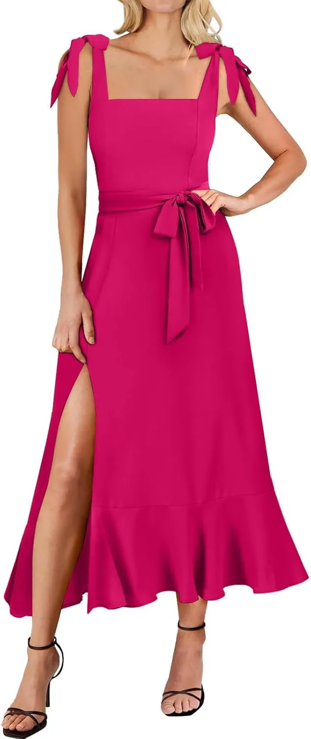 Women Elegant Dresses Square Neck Sleeveless Ruffle Split Midi Dress Formal Wedding Guest Cocktail Bridesmaid Party Dress