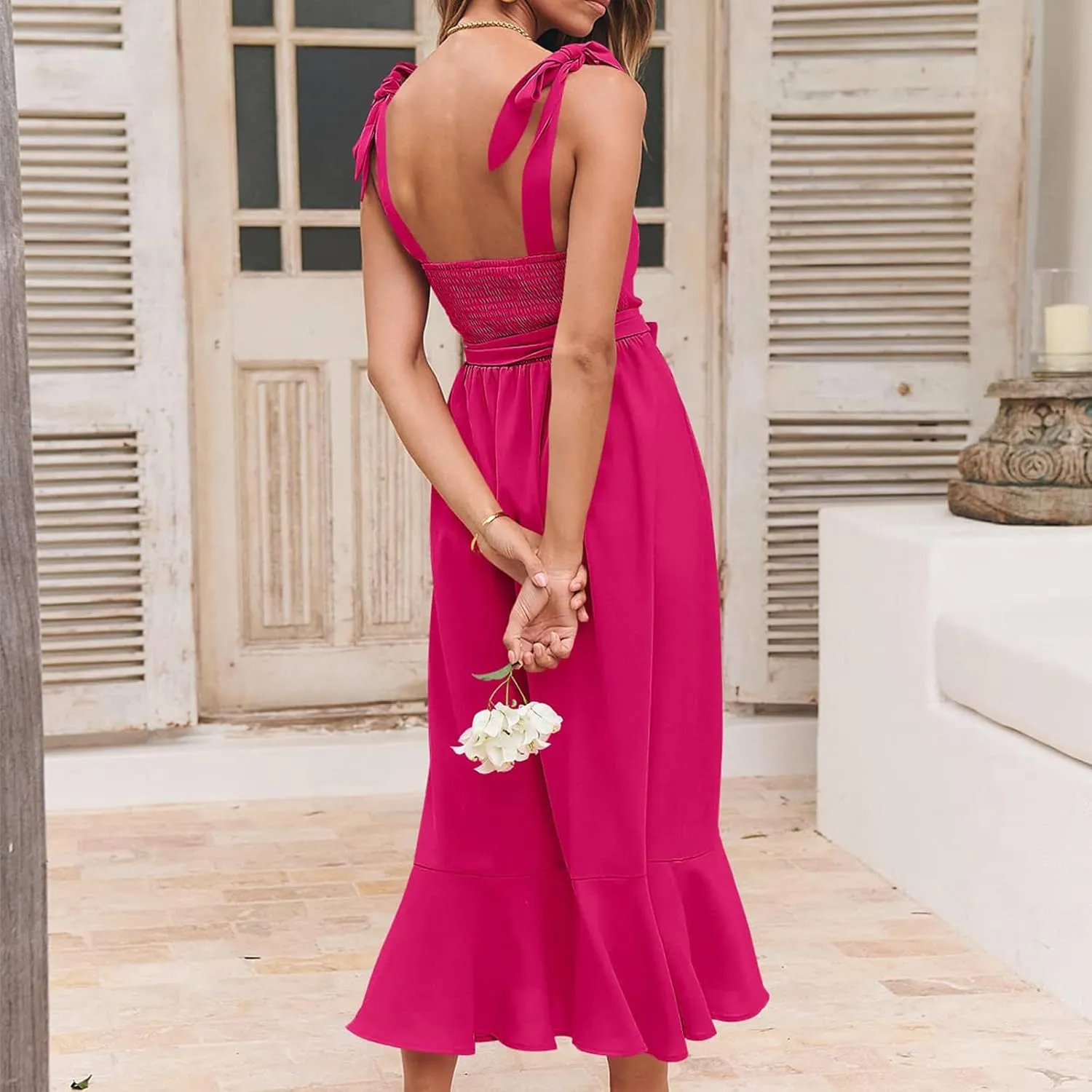 Women Elegant Dresses Square Neck Sleeveless Ruffle Split Midi Dress Formal Wedding Guest Cocktail Bridesmaid Party Dress
