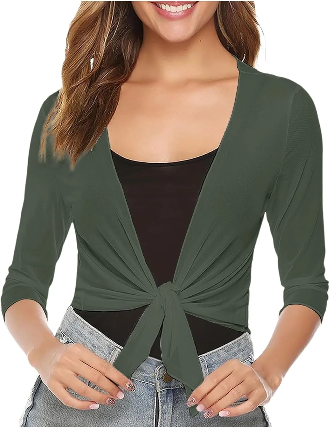 Women Summer Cardigan Tops Chiffon Beach Cover Up 3/4 Sleeve Lightweight Blouse Front Tie Pleated Knot Shirt
