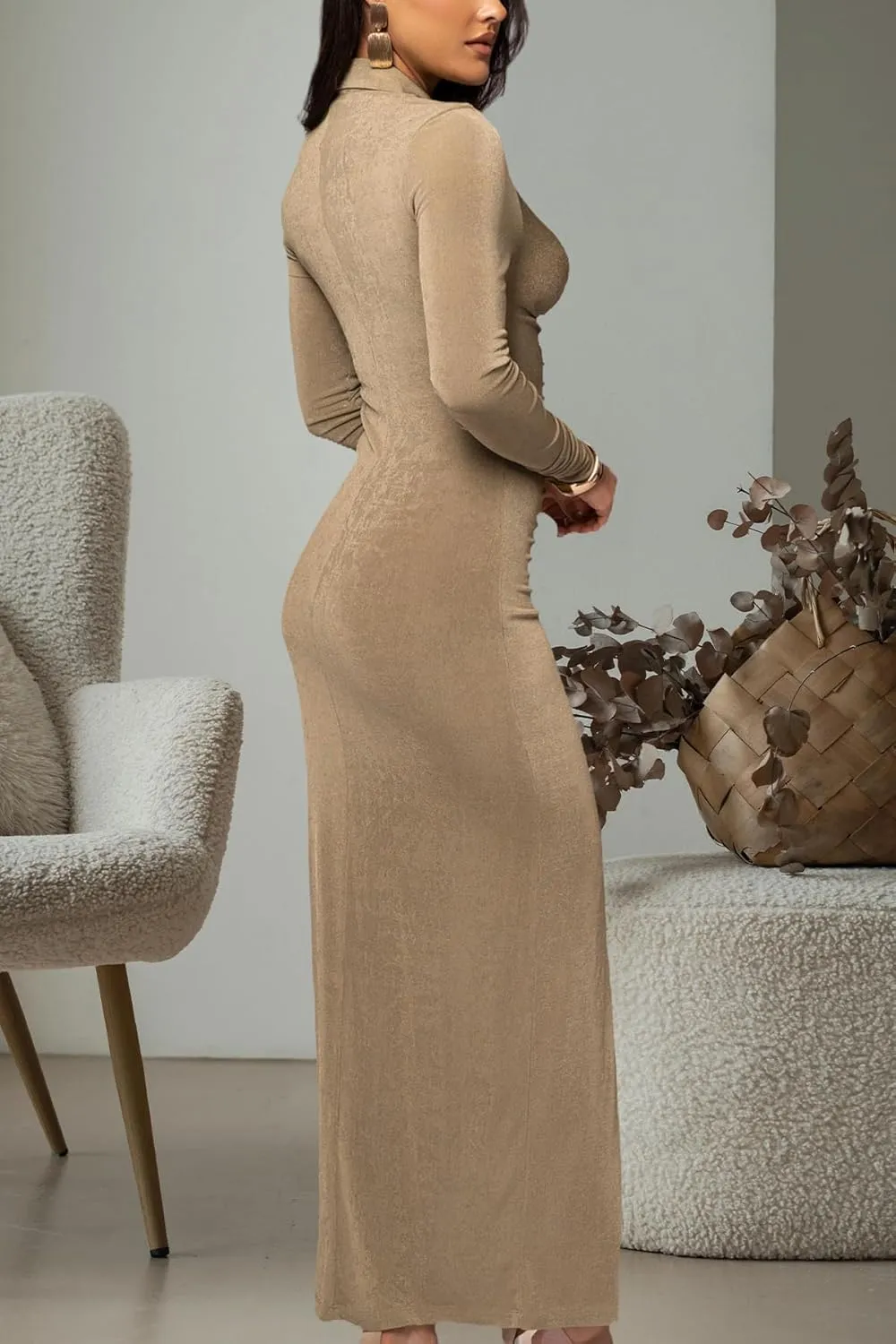 Women's Button Down Ruched Stretchy Dress Long Sleeve Casual Maxi Long Dresses