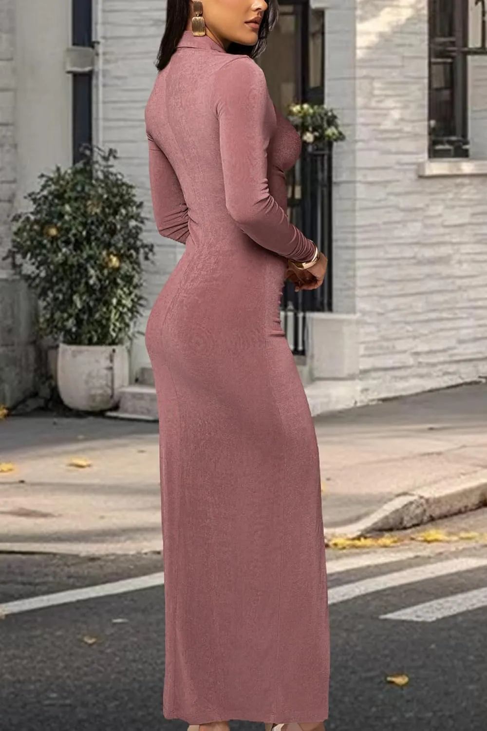 Women's Button Down Ruched Stretchy Dress Long Sleeve Casual Maxi Long Dresses