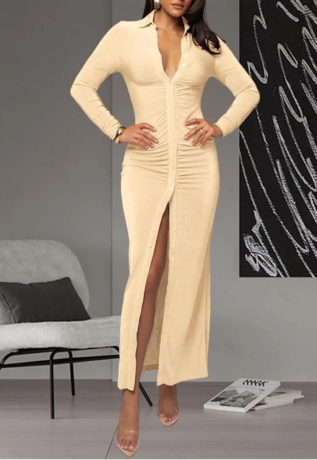Women's Button Down Ruched Stretchy Dress Long Sleeve Casual Maxi Long Dresses