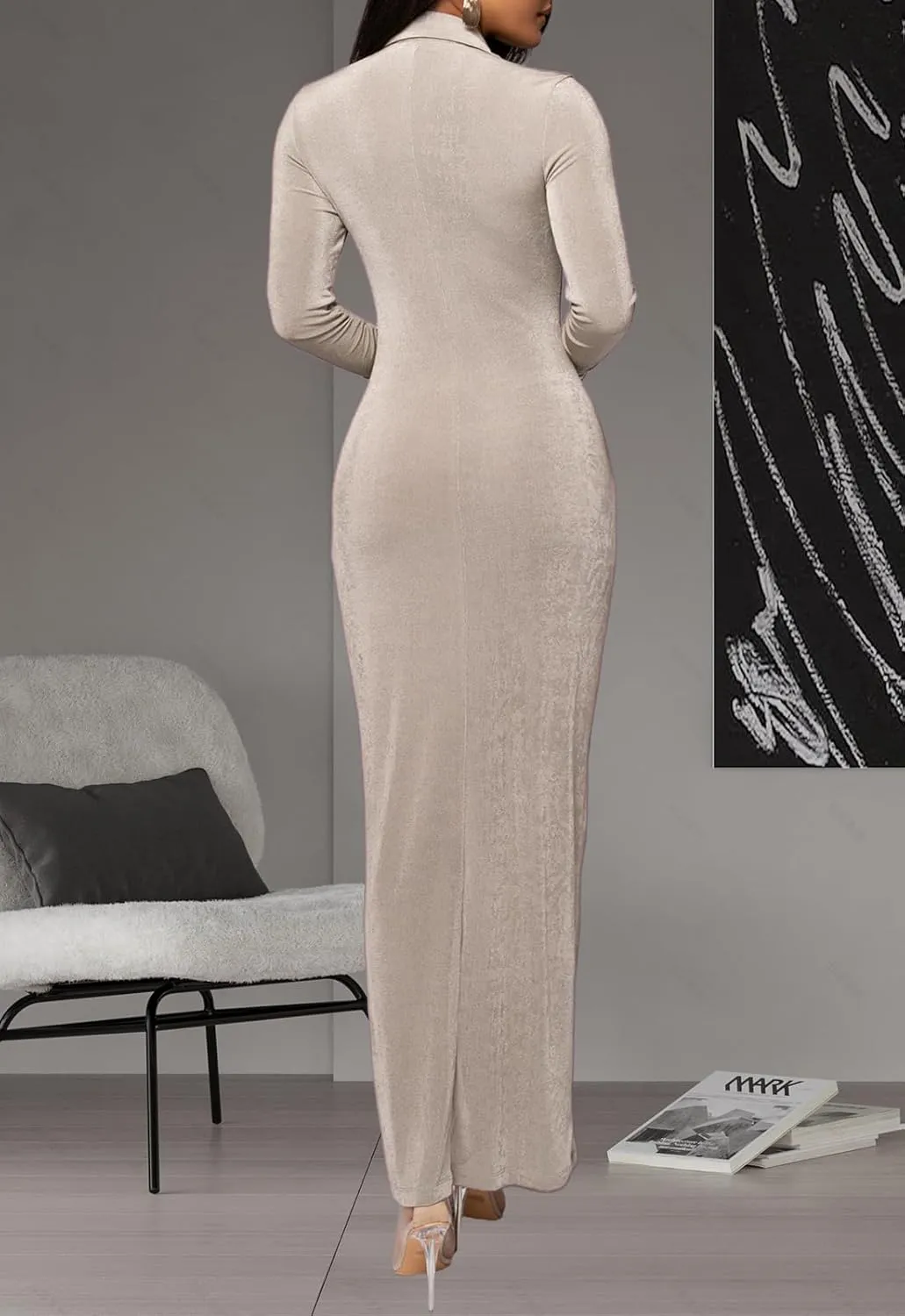 Women's Button Down Ruched Stretchy Dress Long Sleeve Casual Maxi Long Dresses