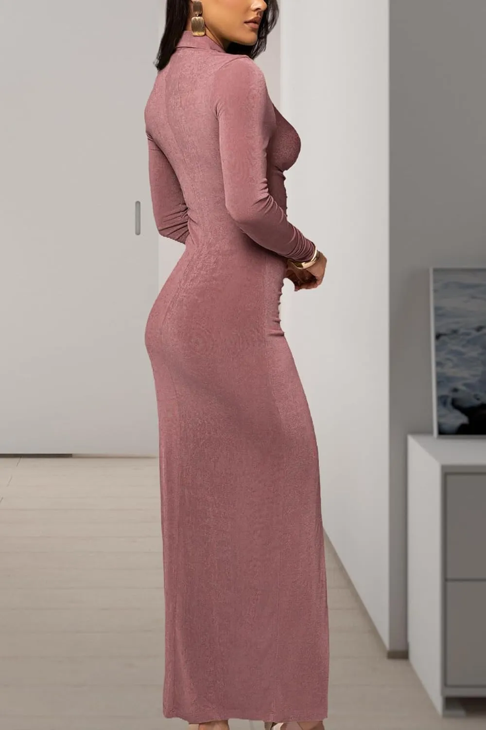 Women's Button Down Ruched Stretchy Dress Long Sleeve Casual Maxi Long Dresses