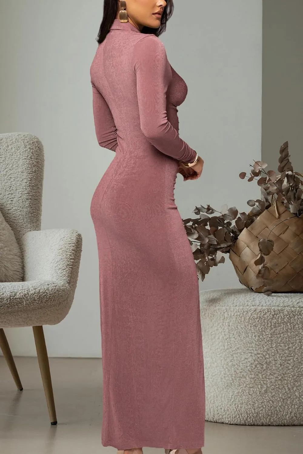 Women's Button Down Ruched Stretchy Dress Long Sleeve Casual Maxi Long Dresses
