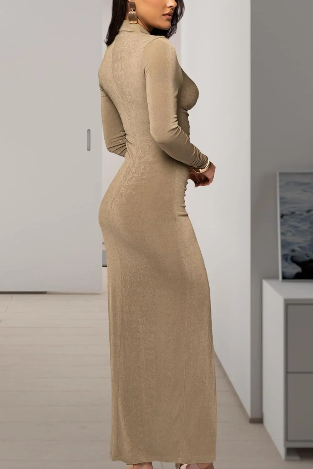 Women's Button Down Ruched Stretchy Dress Long Sleeve Casual Maxi Long Dresses