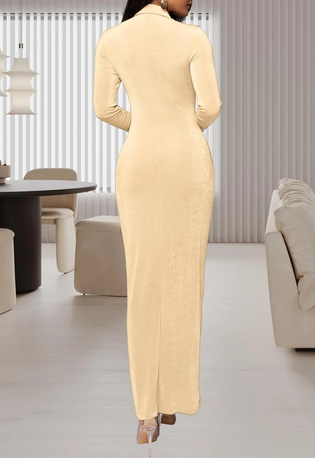 Women's Button Down Ruched Stretchy Dress Long Sleeve Casual Maxi Long Dresses