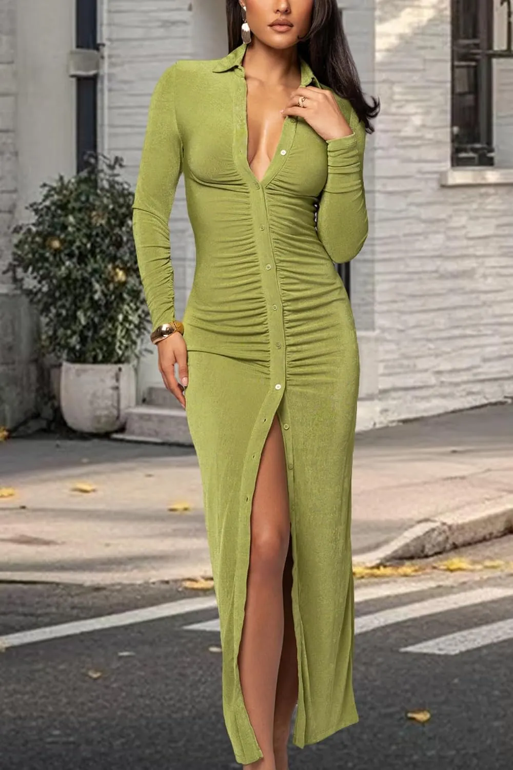 Women's Button Down Ruched Stretchy Dress Long Sleeve Casual Maxi Long Dresses