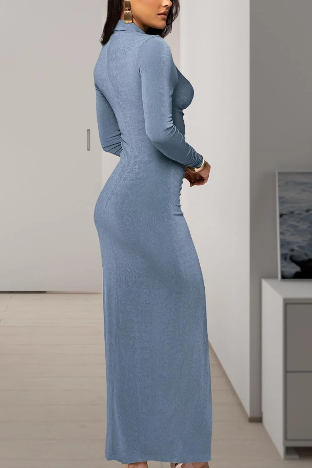 Women's Button Down Ruched Stretchy Dress Long Sleeve Casual Maxi Long Dresses