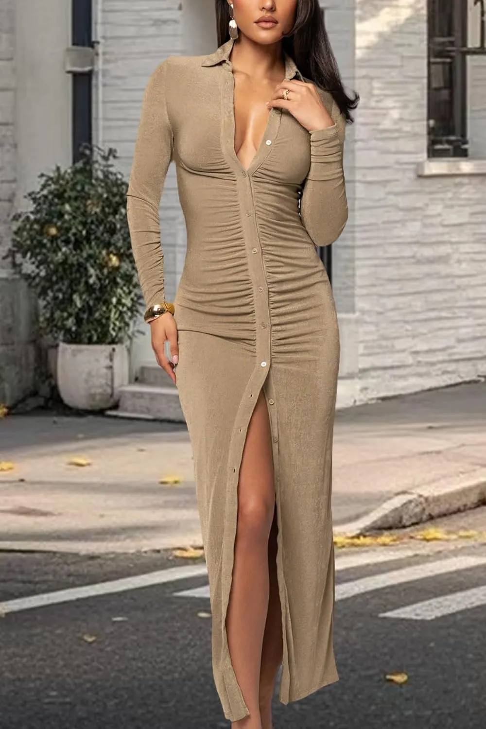 Women's Button Down Ruched Stretchy Dress Long Sleeve Casual Maxi Long Dresses