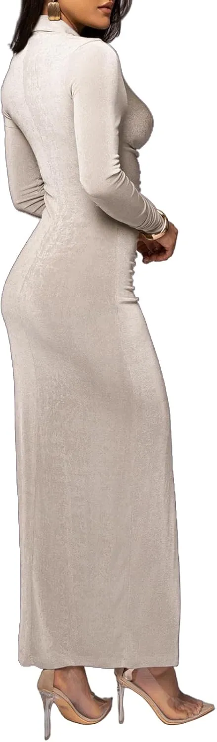 Women's Button Down Ruched Stretchy Dress Long Sleeve Casual Maxi Long Dresses