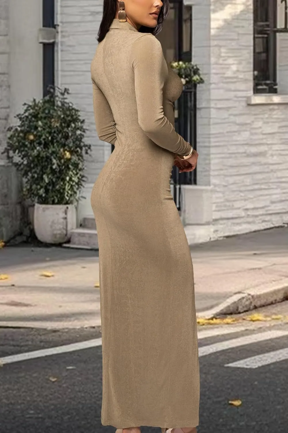 Women's Button Down Ruched Stretchy Dress Long Sleeve Casual Maxi Long Dresses