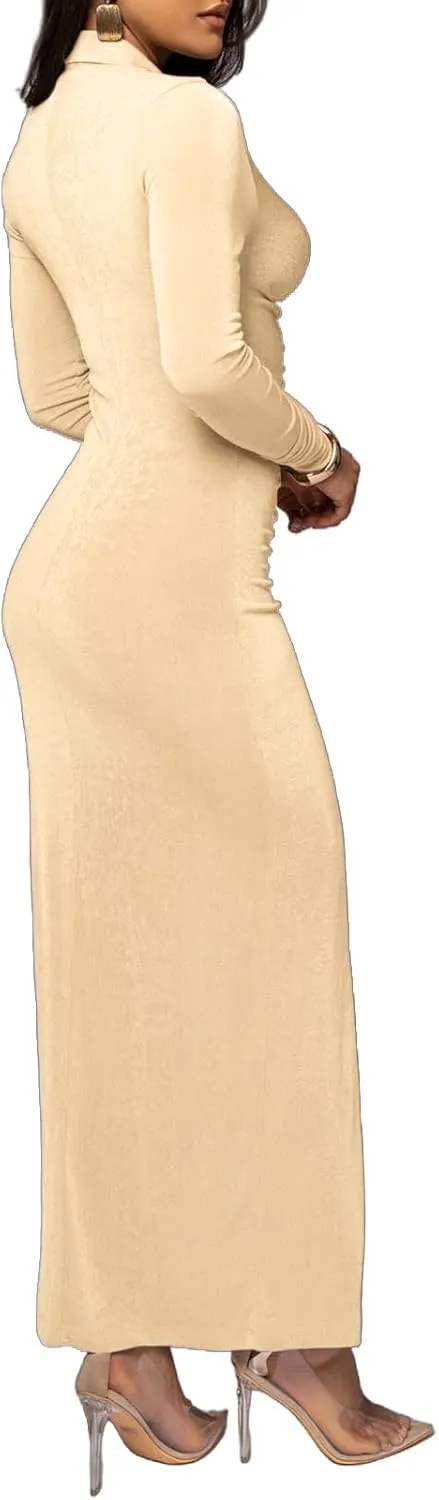 Women's Button Down Ruched Stretchy Dress Long Sleeve Casual Maxi Long Dresses