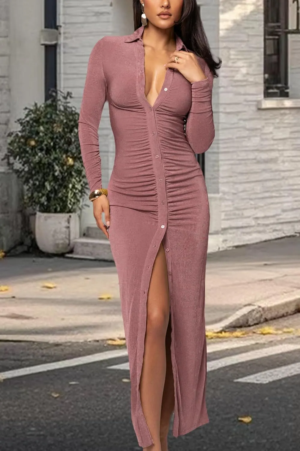 Women's Button Down Ruched Stretchy Dress Long Sleeve Casual Maxi Long Dresses