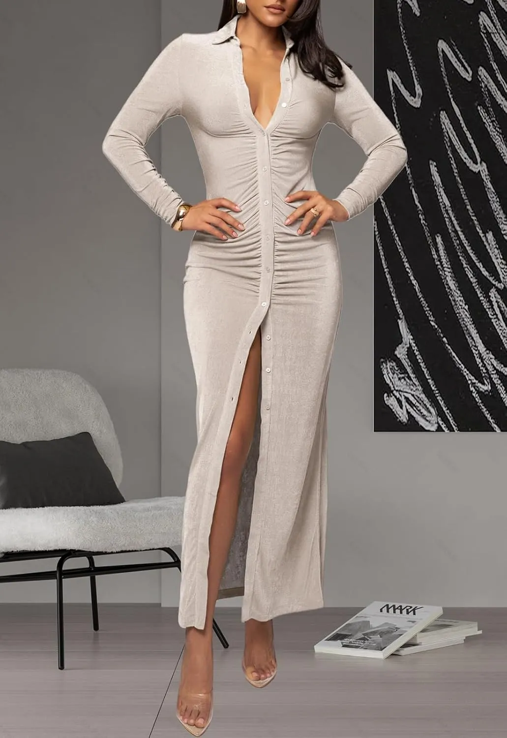 Women's Button Down Ruched Stretchy Dress Long Sleeve Casual Maxi Long Dresses