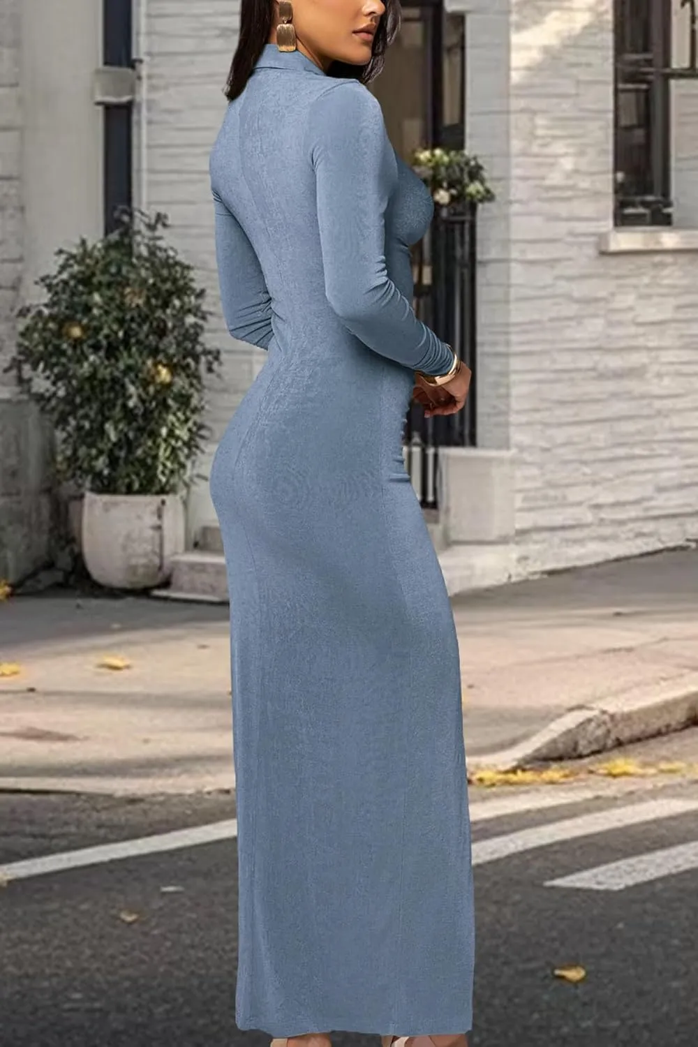 Women's Button Down Ruched Stretchy Dress Long Sleeve Casual Maxi Long Dresses