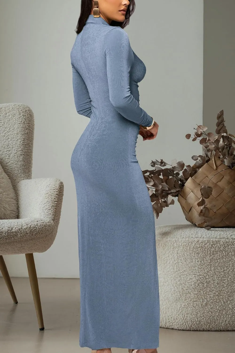 Women's Button Down Ruched Stretchy Dress Long Sleeve Casual Maxi Long Dresses