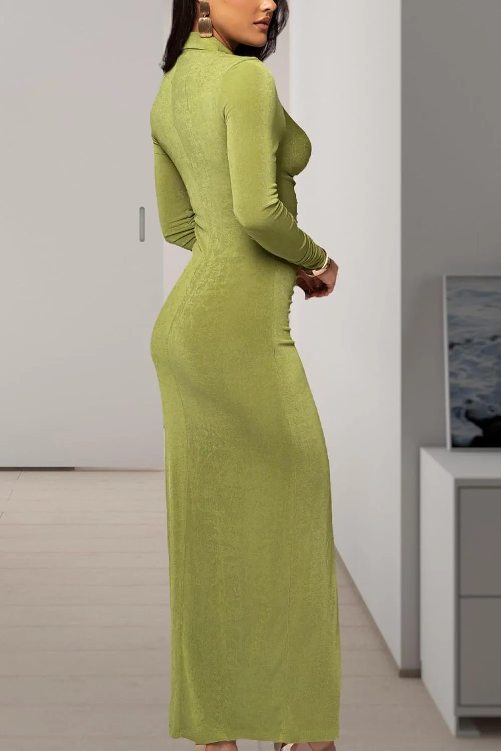 Women's Button Down Ruched Stretchy Dress Long Sleeve Casual Maxi Long Dresses