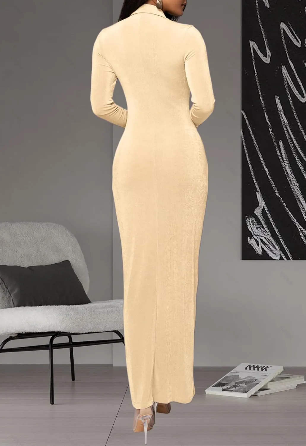 Women's Button Down Ruched Stretchy Dress Long Sleeve Casual Maxi Long Dresses