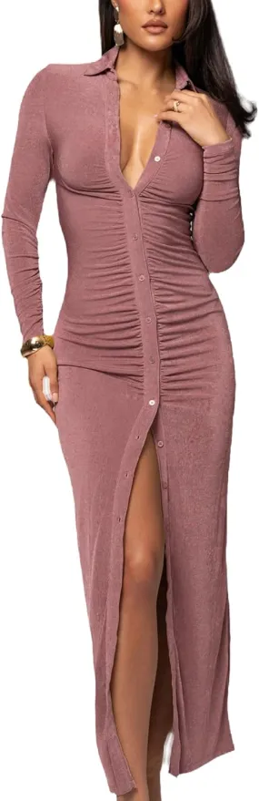 Women's Button Down Ruched Stretchy Dress Long Sleeve Casual Maxi Long Dresses