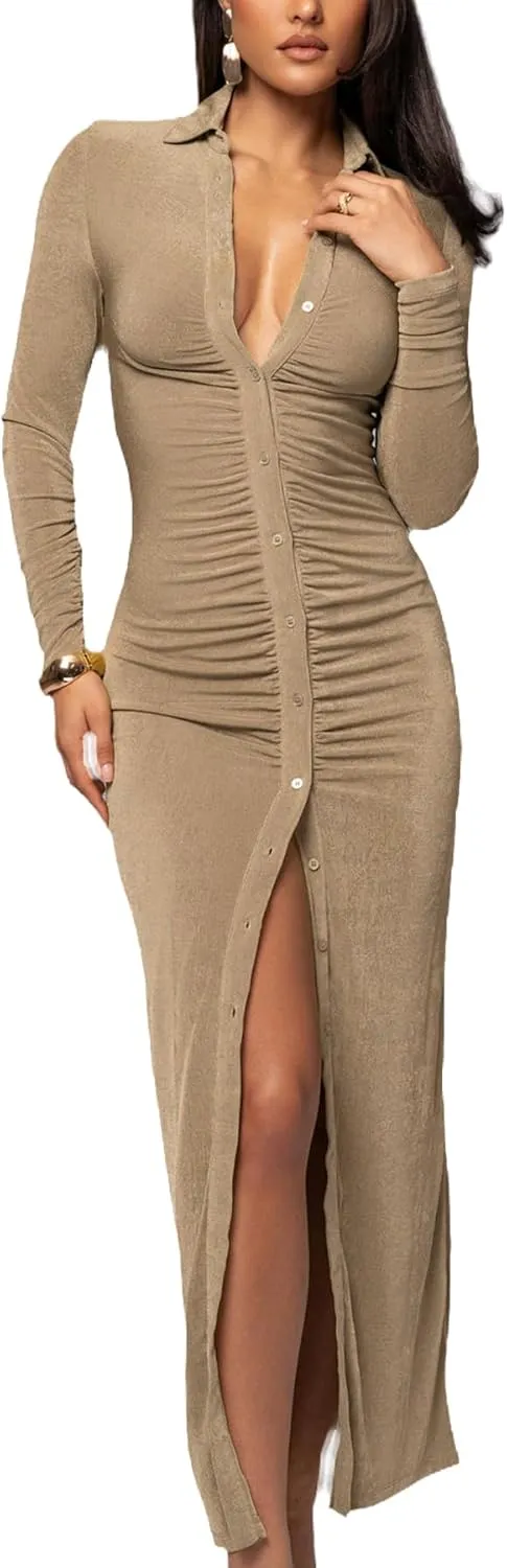 Women's Button Down Ruched Stretchy Dress Long Sleeve Casual Maxi Long Dresses