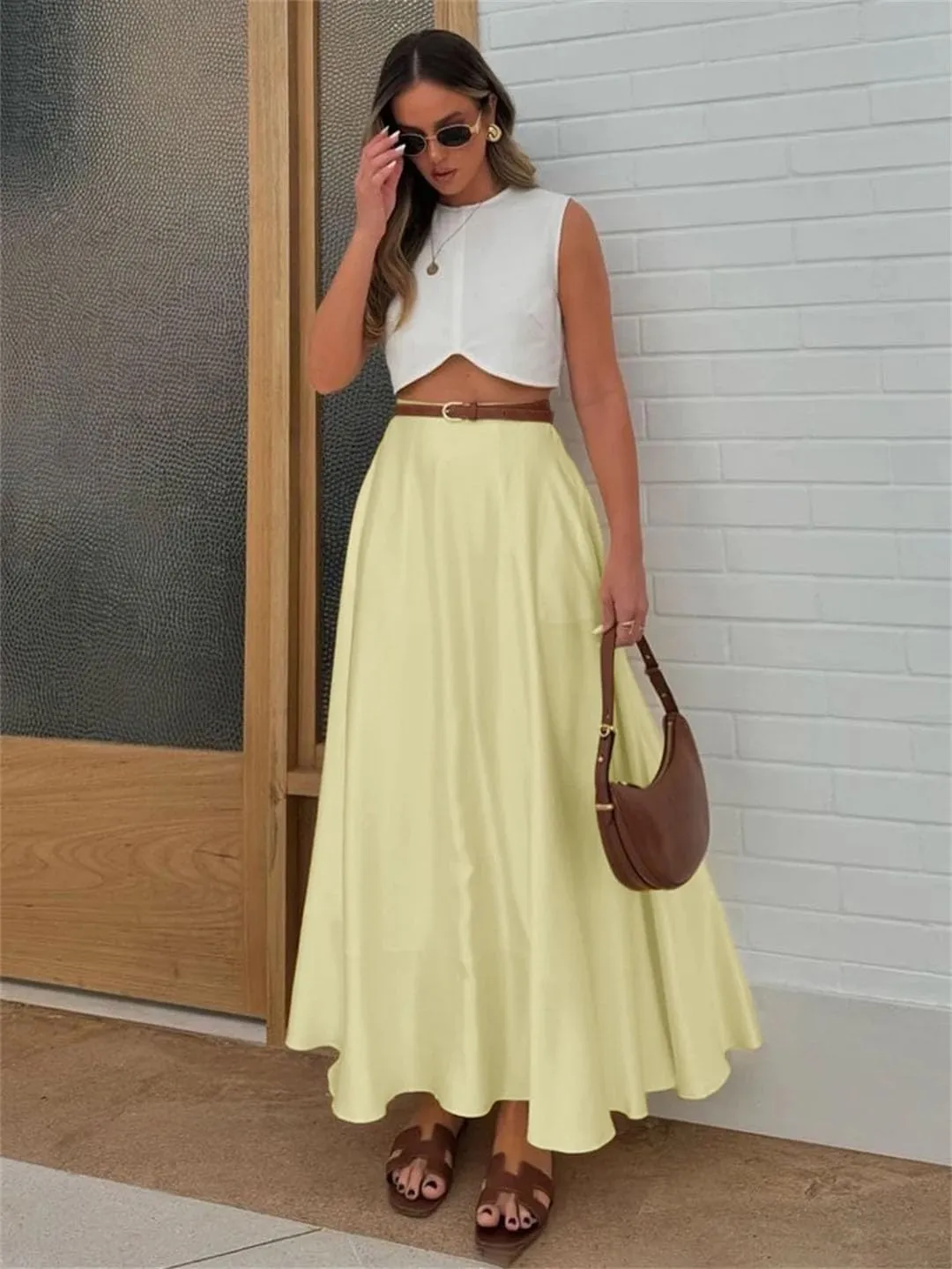 Women's Casual Loose Skirt High Waist Ankle Length Skirts Elegant Solid Skirt Clothing